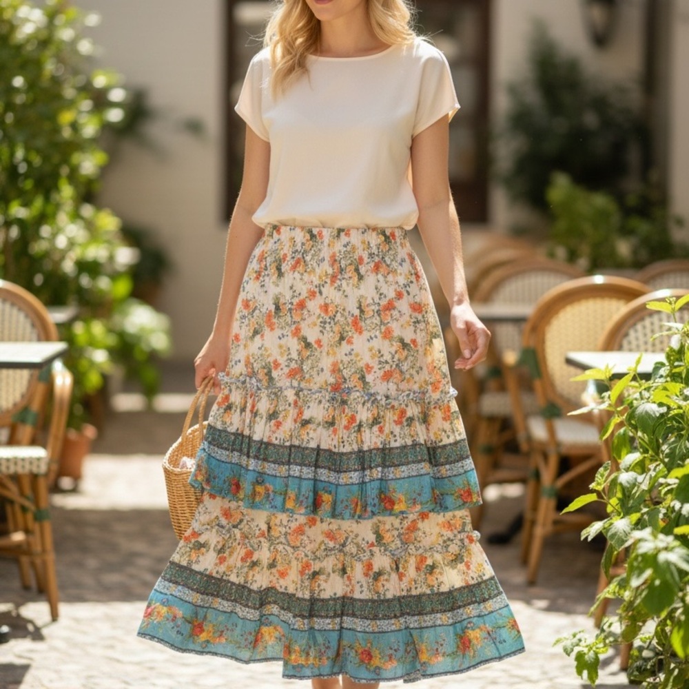 Floral Tiered Skirt - Multicolor